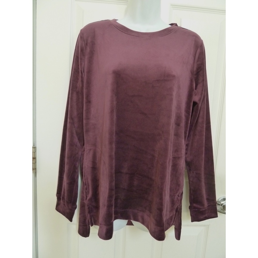 *NEW!! DENIM & COMPANY d&co. Sz. Small Hi-Low Tunic Velour Top Pockets Purple*